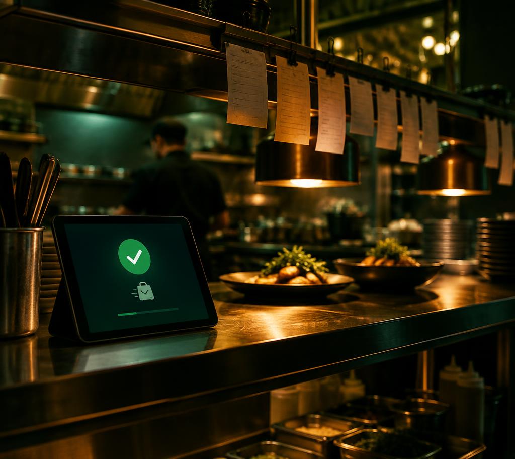 Restaurantkeuken met een geverifieerde bestelling op een tablet